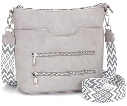 Glintify umhängetasche damen mittelgroß Hellgrau handtasche damen mittelgroß crossbody bag Veganes Leder mit Verstellbar Abnehmbar Breiter Gurt
