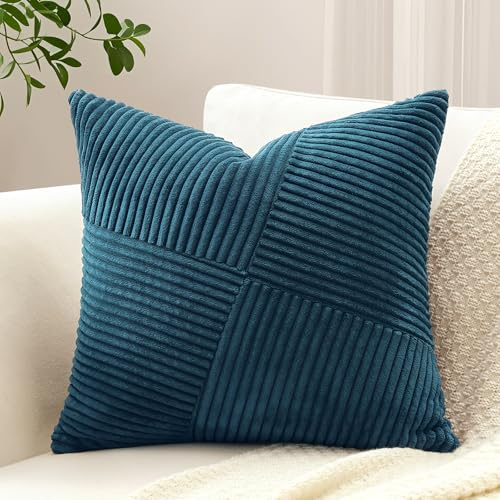 Sungeek Lot de 1 Housse de Coussin 40x40 cm en Velours Côtelé, Housse Coussins Patchwork à Rayures Pinwheel Doux Taies d'oreiller Décoratives pour Lit Canapé Chambre Salon, Bleu Poussière