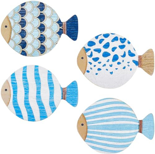 GORGECRAFT 4pz Decorazione da Parete in Legno A Forma di Pesce Blu in Legno Naturale Estate Mare Spiaggia Oceano Sculture Animali Vintage Nautico Costiero da Appendere con Adesivo Arte Lago Casa