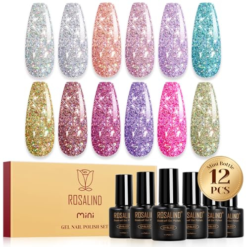 ROSALIND UV-nagellack med glitter, 12 färger Glitterrosa Blått Silver Guld Lila Gelnagellackset, Soak-Off Mini UV-färggel Gelnaglar för nageldesign Gelnagellack Manikyrpresent