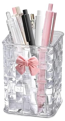 BellaBlend Acryl Stiftehalter per Scrivania, Chiaro Organizer per Penne Bicchiere Portatrucchi con Decorazione Fiocchi, Accessori Scolastici per Insegnanti, Idea Regalo (Trasparente)