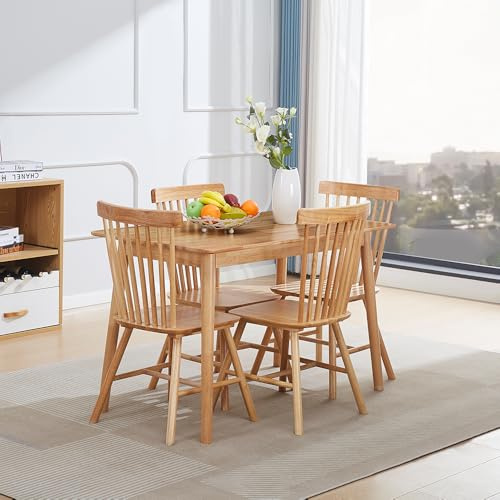 DZOVAD Wood Dining Table and Chairs Set 4, Farmhouse Kitchen Table Set, 100% Natural Solid Timber Material, FSC-Certified (Burlywood, Spindle Back)