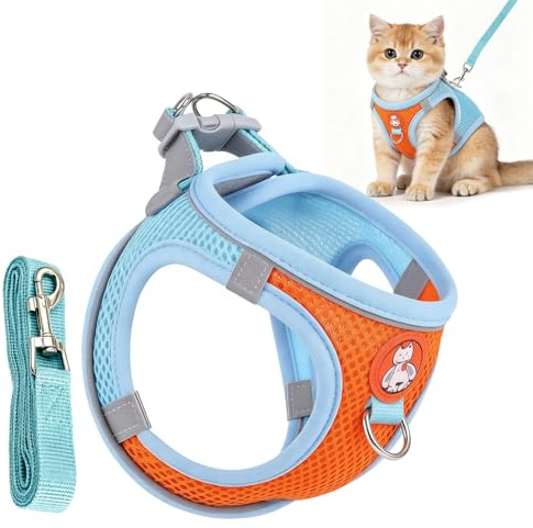 Cat Harness and Lead Set for Walking, Escape Proof Adjustable Kitten Vest with Reflective Strip, Breathable Soft Mesh Pet Harness and Leash for Cats, Puppies for Outdoor (M, Blue & Orange)