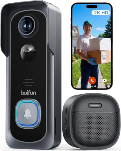 BOIFUN Sonnette sans Fil Exterieur Etanche, Grand Angle de 166°, Noir | 2K/3MP HD, Installation Facile, Détection Humaine par IA, Vision Nocturne, Compatible Carte SD, IP65 étanche, Wi-FI 2,4 GHz