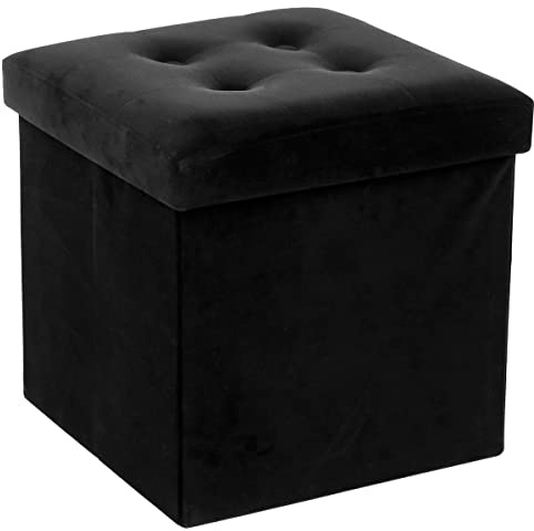Atmosphera - Pouf Coffre Pliant Lysandre Noir Effet Velours, 38 x 38 cm - Tabouret de Rangement pour Salon, Chambre