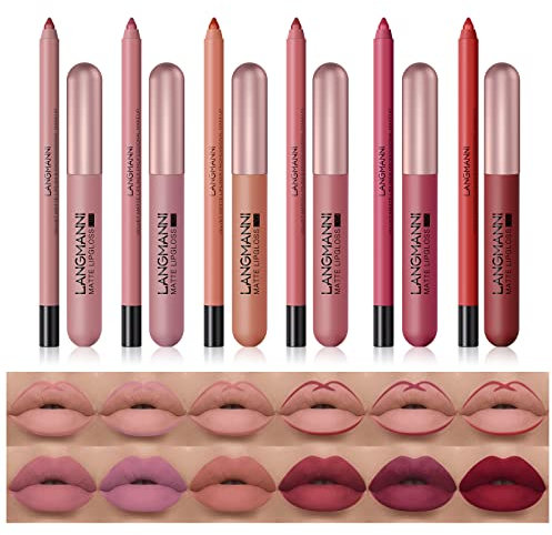 Set trucco per rossetto 12 pezzi, rossetti liquidi opachi vellutati 6 pezzi + matita per matita labbra 6 pezzi, kit lucidalabbra professionale pigmentato a lunga durata Kit regalo trucco labbra