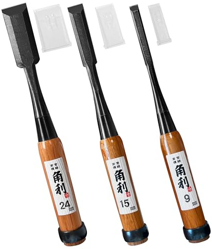 KAKURI Japanese Wood Chisel Set [Long Handle] 3 Piece for Woodworking, Made in JAPAN, Japanese Oire Nomi for Carve, Mortise, Dovetail, Sharp Japanese Carbon Steel, Red Oak Wood Handle