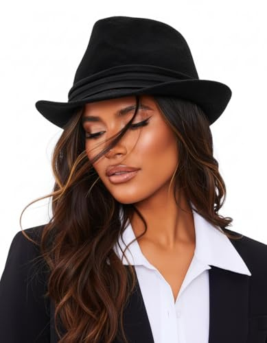 Sombrero Fedora clásico para hombre, de fieltro Manhattan-Gangster-Trilby con banda, unisex, estructurado, sombrero Fedora Trilby (talla: S), Negro, Medium
