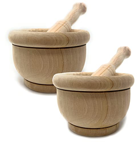 Space Home - 2 x Mortier Rond et Pilon - Moulin à Épice - Broyeur Manuel Main - Bois - Lot de 2 - Ø 8 cm