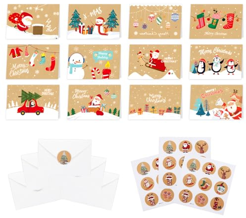 Aurasky Set di Biglietti di Natale con Busta, 24 Pezzi Cartoline per Natale, Biglietti Pieghevoli per Natalizia, Fantastico Biglietto di Natalizi per i Tuoi Auguri di Natale