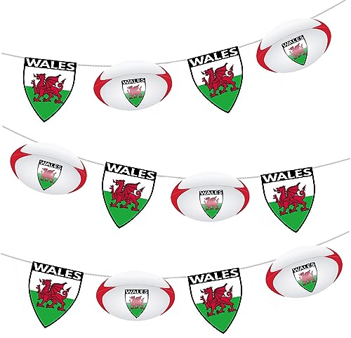 AK Giftshop Wales Flag Rugby Ball Bunting Party Decorations World Cup, Six Nations - 12pcs / 2.5m Ribbon