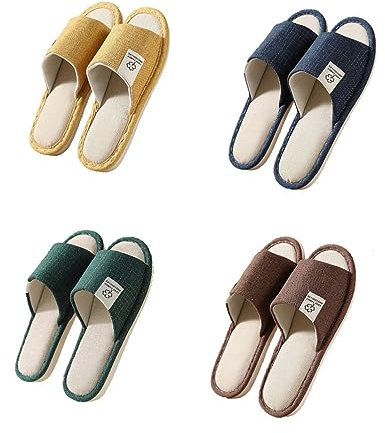 Teceyfeet Unisex Hotelslipper Set, 4 Paare 4 Größen Waschbar Gästehausschuhe Badepantoletten Rutschfeste Leinen Hausschuhe offener Zeh Pantoffeln Spa Slippers Pantoffeln für Frauen Männer