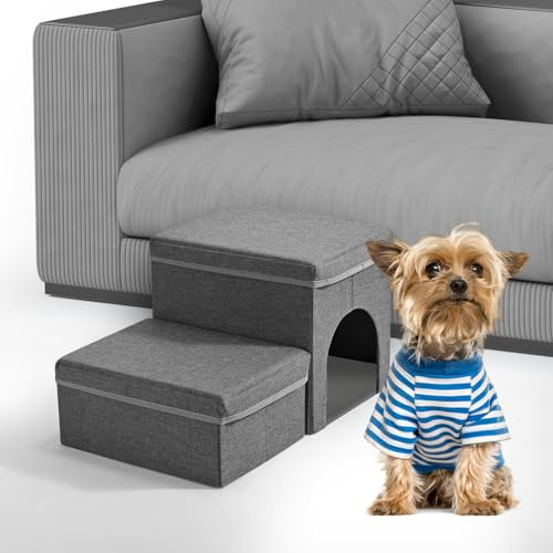 Escalier pour Chien, Sunowl Pliable Escalier Chien en 2 Marches, Extra Larges Rampe pour Chien avec Rangement et Maison, Surface Antidérapante, Aide l'animal à Monter, Escalier pour Chien et Chats