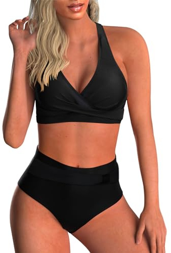Adigaber Traje de Baño para Mujer Estampado Floral Cuello en V Dos Piezas Conjunto Bañador Control de Vientre de Cintura Alta Bikini