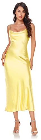 Atnlewhi Robe de nuit sexy en satin à bretelles spaghetti pour femme - Col cascade - Robe midi d'été pour femme