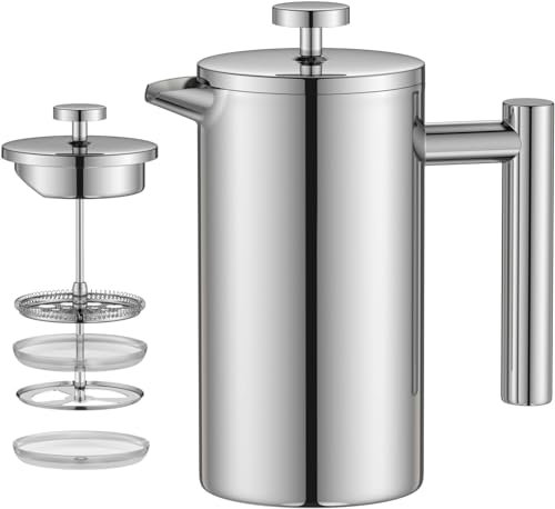 Ailgely Cafetera Prensa Francesa, Filtro de Acero Inoxidable, Incluye Cuchara, Plateada, 350ml, para Uso en Hogar y Oficina (350ml)