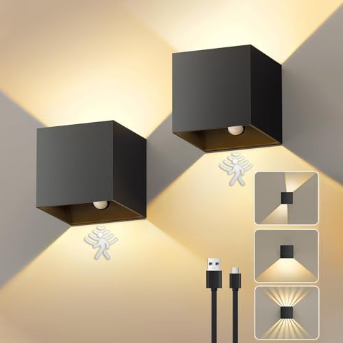 NiBSHOOM 2 stycken batteri vägglampa inomhus med rörelsedetektor, vägglampa batteri justerbar strålform, 3 000 K LED vägglampa USB uppladdningsbar, trådlös dimbar svart aluminium för sovrum vardagsrum