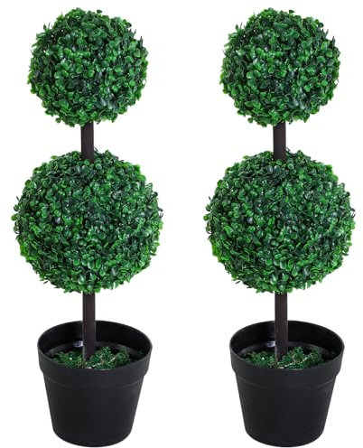 Outsunny künstliche Pflanzen 2er Set groß 67 cm Kunstpflanze mit 2 Kugel, Plastik Kunstbaum im Topf, Kunstbaum wie echt für Wohnzimmer Schlafzimmer Büro Garten Moderne Dekoration Geschenk