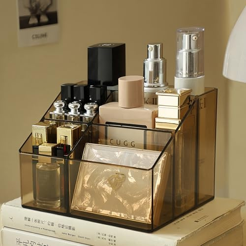 SLHEQING Organizador de Maquillaje, Para Brochas Maquillaje con 5 Compartimentos, Almacenamiento de Cosméticos de Belleza Acrílico para Tocador, Dormitorio, Baño (Ámbar)