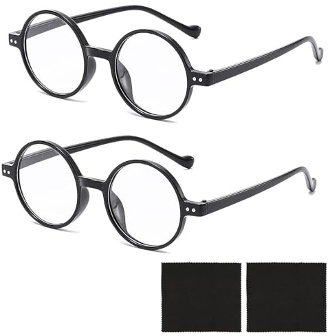 WOLMIK Blue Light Blocking Glasses - 2 Pairs Blue Light Round Glasses for Women & Men, Computer Screen Anti Headache Eyestrain Glare UV Gaming Glasses, Lightweight Eyeglasses with 2 Cleaning Cloths