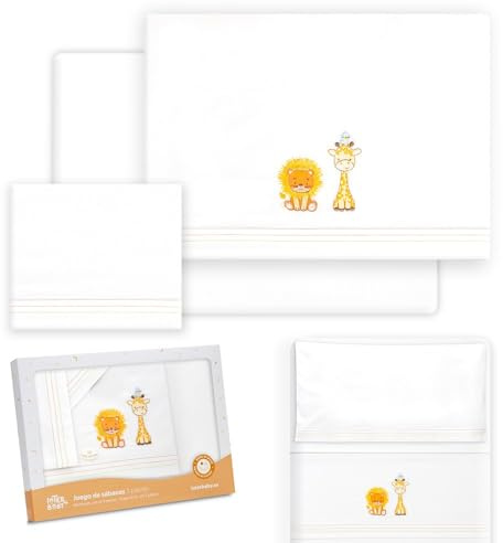Interbaby - Juego Sabanas Minicuna 50x80 Algodon 100% | Sabanas Cuna Bebe | Incluye Sabana Bajera, Encimera y Funda de Almohada | Ideal para Primavera, Verano | Leon Jirafa Pajarito Blanco