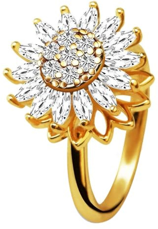 EWOECUI Anillo Giratorio Abierto para Ansiedad - Girasol con Piedra Lunar para Mujeres Inquietas