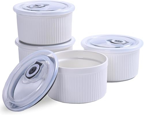 Pirottini con coperchio, adatti al forno, 400 ml, per crème brûlée con coperchio, piccoli pirottini in porcellana per cottura, souffle, salse, dessert, set di 4, bianco (11,4 cm)