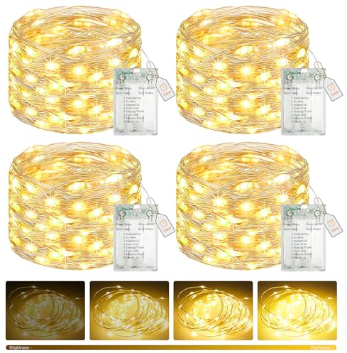 btfarm 4 Pack Fairy Lights Battery Operated with Timer, 16FT 50LED Twinkle String Lights Battery Powered 8 Modes Dimmable, Wire Mini Light Waterproof for Indoor Bedroom Wedding Christmas, Warm White
