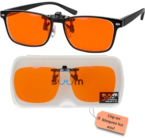 SUUM Clip-On de Pinza Abatible Filtro Luz Azul para Gafas Graduadas - Lentes Naranja Antifatiga para Pantallas y Lectura - Clip Luz Azul para Gaming y Trabajo con Visión Dual (Clip-on Pinza Fija)