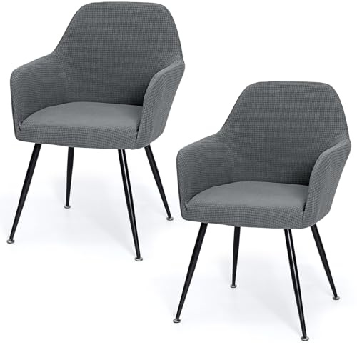MEIVINES Stretch Stuhlhussen 2er Set Universal Sesselbezug Stuhlhussen mit Armlehne aus Jacquard Stuhlbezug Abnehmbare Waschbar Esszimmerstühle Bezug für Küche Bankett (2, Grau)