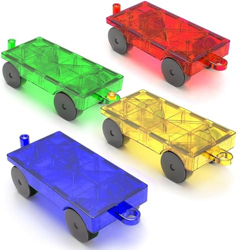 Bloques Magnéticos de Construcción Coche, Set de Expansión 4 Piezas Verdes & Amarillas, Compatible con Bloques Magnéticos, Juguete Educativo para Creatividad Niños 3+ Años