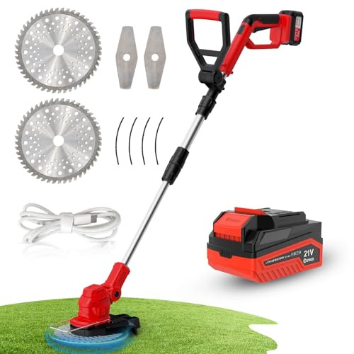 OUTIGO Cortacésped inalámbrico, Desbrozadora Bateria, batería de 21 V (4 Ah)/2× 21V - 4Ah, Cortabordes electrico 3 en 1, Mango telescópico Plegable, desbrozadora de jardín a batería