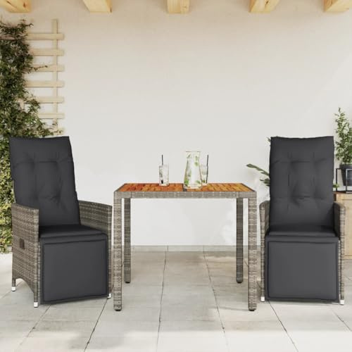 RMIHSJG Ensemble bistro de jardin 3 pièces avec coussins, gris en polyrotin, dossier réglable, housses lavables, plateau de table en bois d'acacia, meubles de jardin résistants aux intempéries, pour