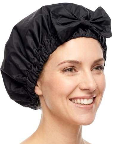 Heclia Black Shower Cap for Women Cute Bow Waterproof Hair Cover Reusable Hair Hats for Shower Adjustable Bowknot Bath Hat Anti Slip Bathing Headwear for All Hairstyles Travel Friendly