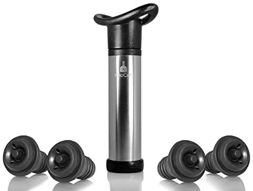 VinoCare Pompa Salvavino – Pompetta con 4 Tappi Ermetici, Preserva il Vino Rosso e Bianco, Accessorio Professionale per Sommelier e Amanti del Vino (Argento)