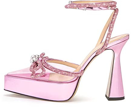 Tacchi Alti da Donna con Punta A Punta, Sandali con Cinturino con Strass, Scarpe con Décolleté Trasparenti, Tacco Alto A Blocchi Grossi, Décolleté con Fiocco con Spalline