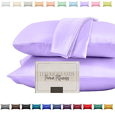 Elegant Comfort Silky and Luxurious 2-Piece Satin Pillowcase Set for Healthier Skin and Hair, Hidden Zipper Closure and Beautifully Packaged, Satin Pillowcase Set, King, Lilac
