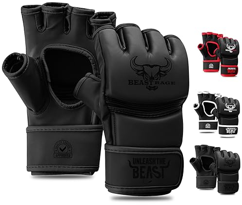 BEASTRAGE MMA Handschuhe für Männer und Frauen,Martial Arts Mitts Grappling Sparring,Ventilated Palm, VEGAN Leder, Cage Fighting, Muay Thai, Kickboxen, Boxsack, Boxen, Kickboxen (M, SCHWARZ)