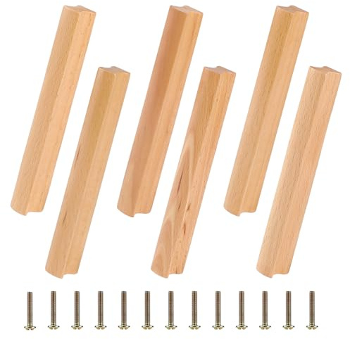 SWAWIS 6 Pezzi Pomelli Cassetti per Mobili Cucina in Legno 160mm, Pomelli Maniglia per Mobili Moderni con Viti, Maniglie per Mobili da Cucina Faggio, per Armadi Cassetti Mobili Cucine