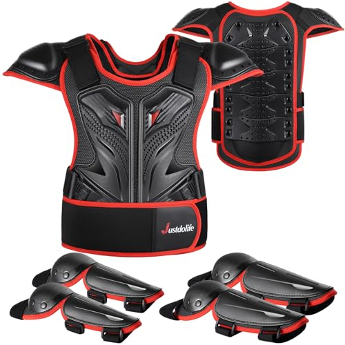 JUSTDOLIFE Équipement De Protection De Moto pour Enfant, 5 PièCes Nouveau Type GenouillèRe Respirante CréAtive Equipement Moto Cross Enfant pour Tout-Terrain Cyclisme Ski Patinage (Noir Rouge)