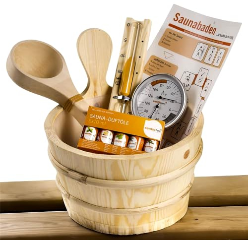 Sauna Eimer Set 11 teiliges Zubehör inkl. Kelle, Thermometer, Hygrometer und Saunaduft - perfekt für das Wellness Erlebnis