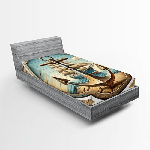 ABAKUHAUS Nautisch Spannbetttuch, Vintage Maritime Anker, Soft Stoff Bettwäsche Rund-um Elastischer Gummizug, 90 x 200 cm, Hellbraun Babyblau