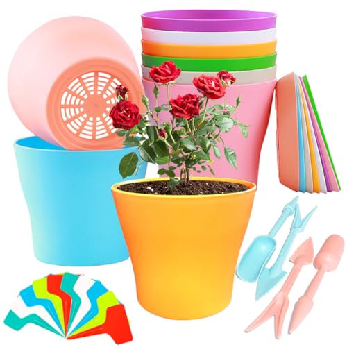 XingyLi 24Pcs 14cm Colorful Plastic Plant Pots Indoor, 8 Round Small Flower Pots with Saucers, Includes 12 Plant Labels and 4 Transplanting Tools for Office House Garden Outdoor