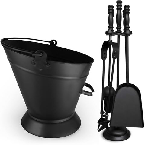FB Funkybuys 5 Piece Fireside Companion Set for Log Burner – Traditional Black Heavy Duty Fire Poker Set for Wood Burners – Tools Set Include Coal Tongs Hearth Brush Fire Shovel Stand Ash Bucket