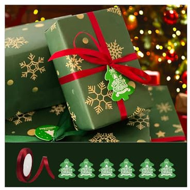 Christmas Wrapping Paper 70x50cm Recyclable Christmas Paper Sheets With Ribbon and Tags, Xmas Wrapping Paper Set, Green Gift Paper (Green-70x50cm)
