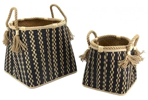 AUBRY GASPARD - Corbeilles Jonc Teinté Noir - Lot de 2 - Jonc Naturel et Teinté - Poignées Corde Effilée - Polyvalentes Rangement ou Cache-Pot - Élégance et Fonctionnalité Intérieur Maison