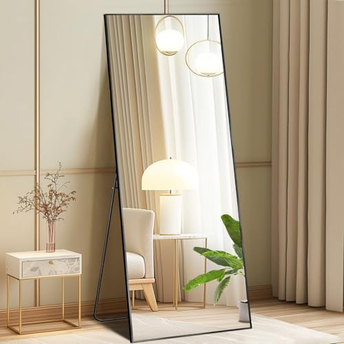DUMOS Full Length Mirror with Stand, 56x15 Floor Mirror with Aluminum Alloy Frame for Bedroom, Standing Full Body Mirror with Shatter-proorf Nano Glass for Wall, Living Room, Cloakroom, Black