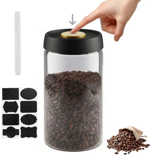Foymlon Bote Hermetico para Cafa en Grano 1,2 L, Recipiente de Vidrio con Tapa Negra y Boton Dorado de Vacio, Recipiente Café para Guardar Como Lata Aromática, Café, Té, Nueces y Reservas