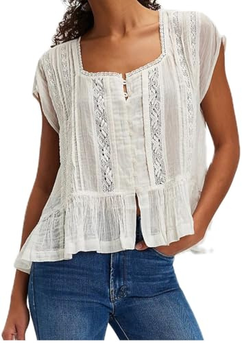 Women Summer Lace Trim Tank Top Y2k Flowy Ruffle Bow Tie Babydoll Blouse | Sheer Trim Short Sleeve Eyelet Peplum Tops Button Down Crop Shirts