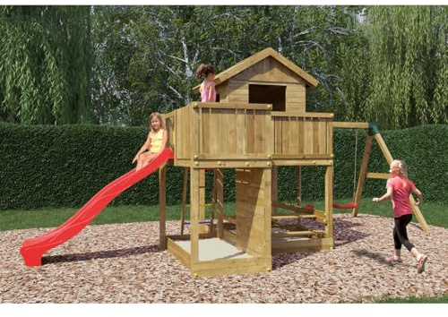 Granorte Stelzenhaus Pluto rot 3x2 Meter Spielturm mit Doppelschaukel, Kletterwand, Picknicktisch, Sandkasten, Wellenrutsche, Spielhaus, kesseldruckimprägniert, Sicherheitspaket, 0 x 0 x 0 cm